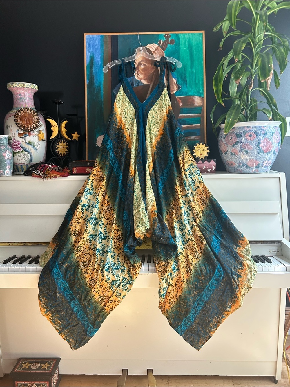 Boho Paisley Tie Shoulder Handkerchief Jumpsuit Teal Orange One Size M/L
